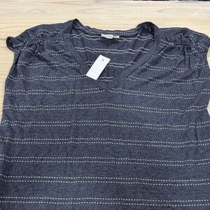 LOFT Navy V-Neck Short Sleeve Top with Silver Stripe Detail